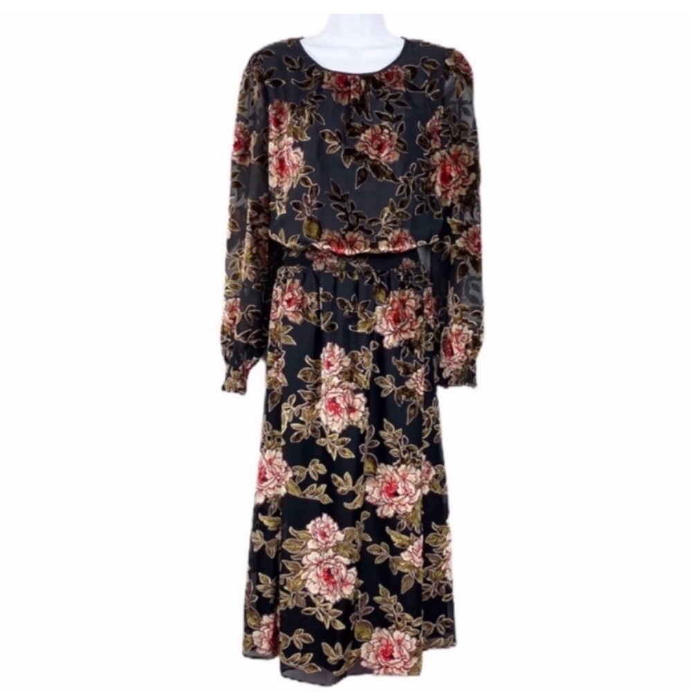 VINCE CAMUTO velvet floral black chiffon midi dress M